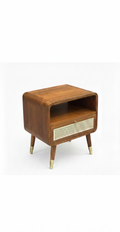 The Verona Cane Nightstand | Acacia Wood Bedside Table with Cane Drawer & Brass Leg Caps