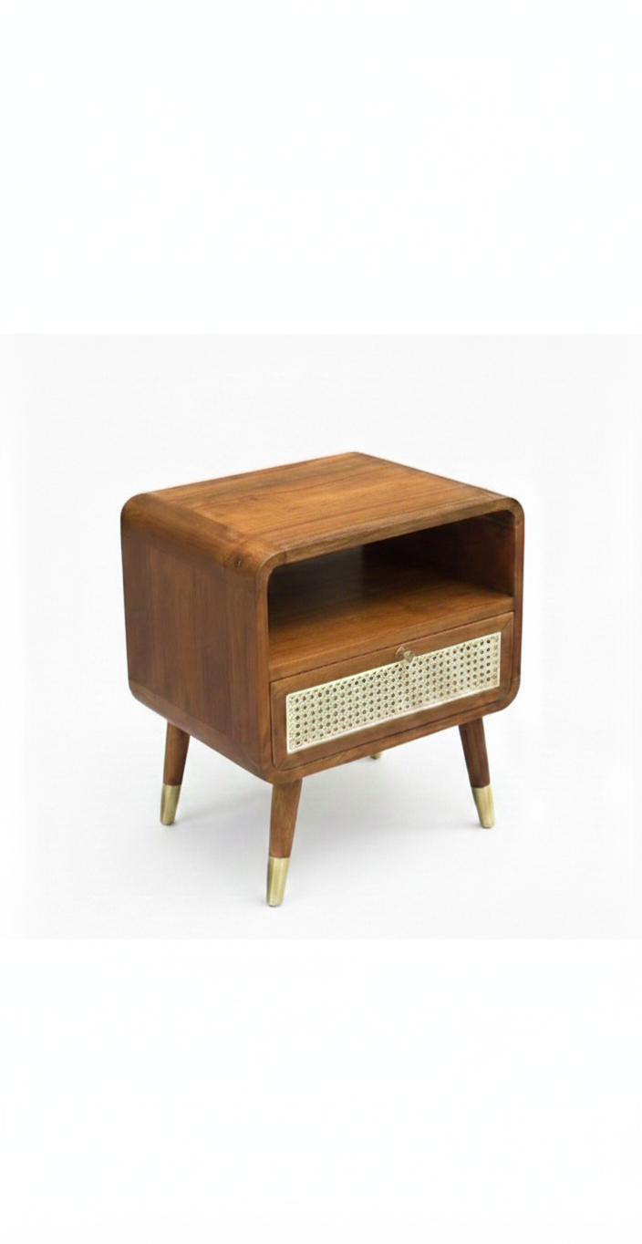 The Verona Cane Nightstand | Acacia Wood Bedside Table with Cane Drawer & Brass Leg Caps