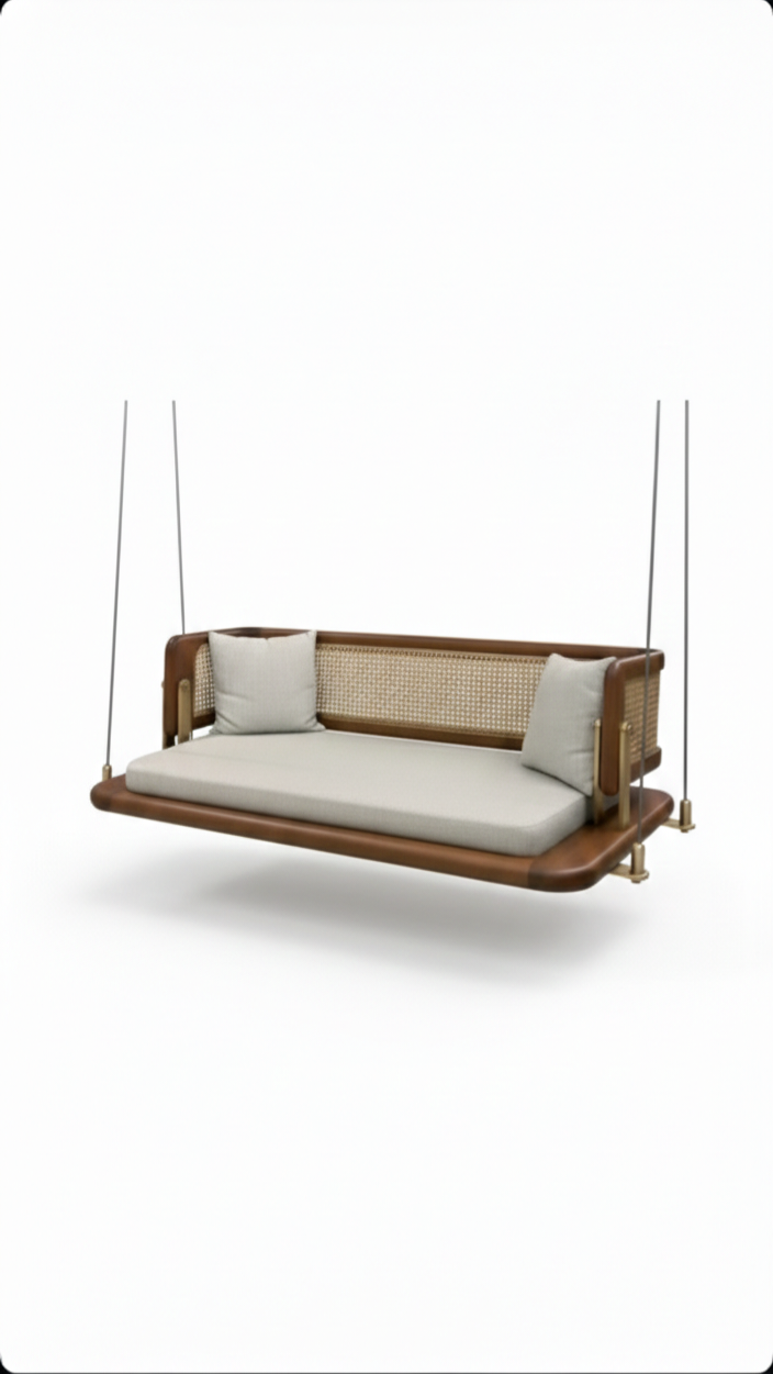 The Riviera Hanging Swing Sofa | Acacia Wood Indoor Swing with Cane Back & Cushioned Seat