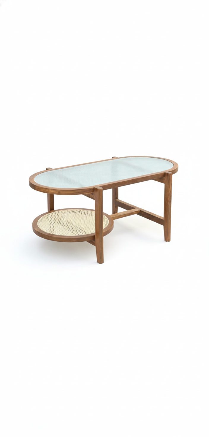 The Riviera Oval Console Table | Acacia Wood Entryway Table with Glass Top & Cane Shelf