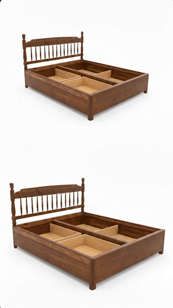 The Heritage Storage Bed | Acacia Wood Bed Frame with Built-In Storage & Spindle Headboard