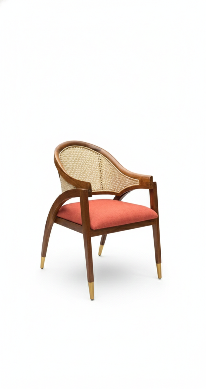 The Monaco Cane Arm Chair | Acacia Wood Dining Chair with Cane Back & Brass Leg Caps