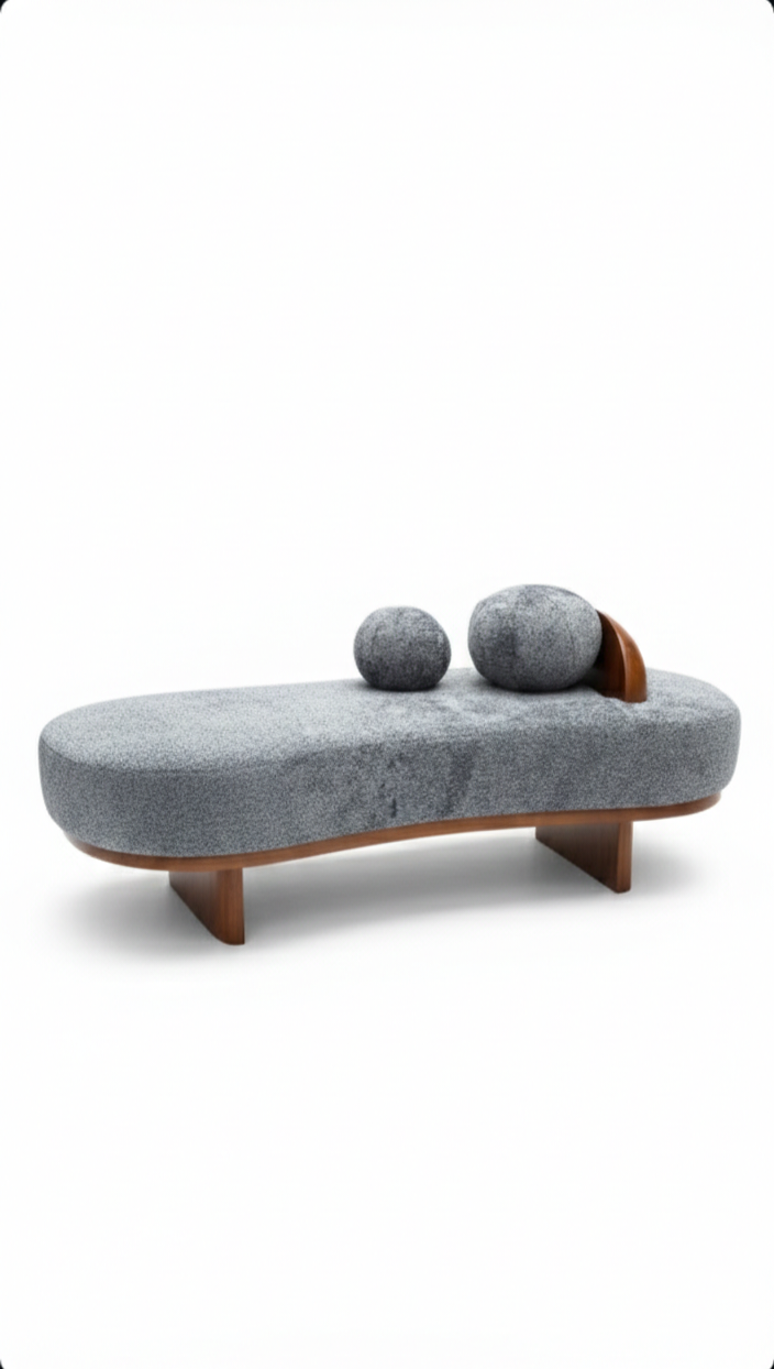 The Aura Sculpt Lounge Bench | Acacia Wood Curved Upholstered Designer Bench