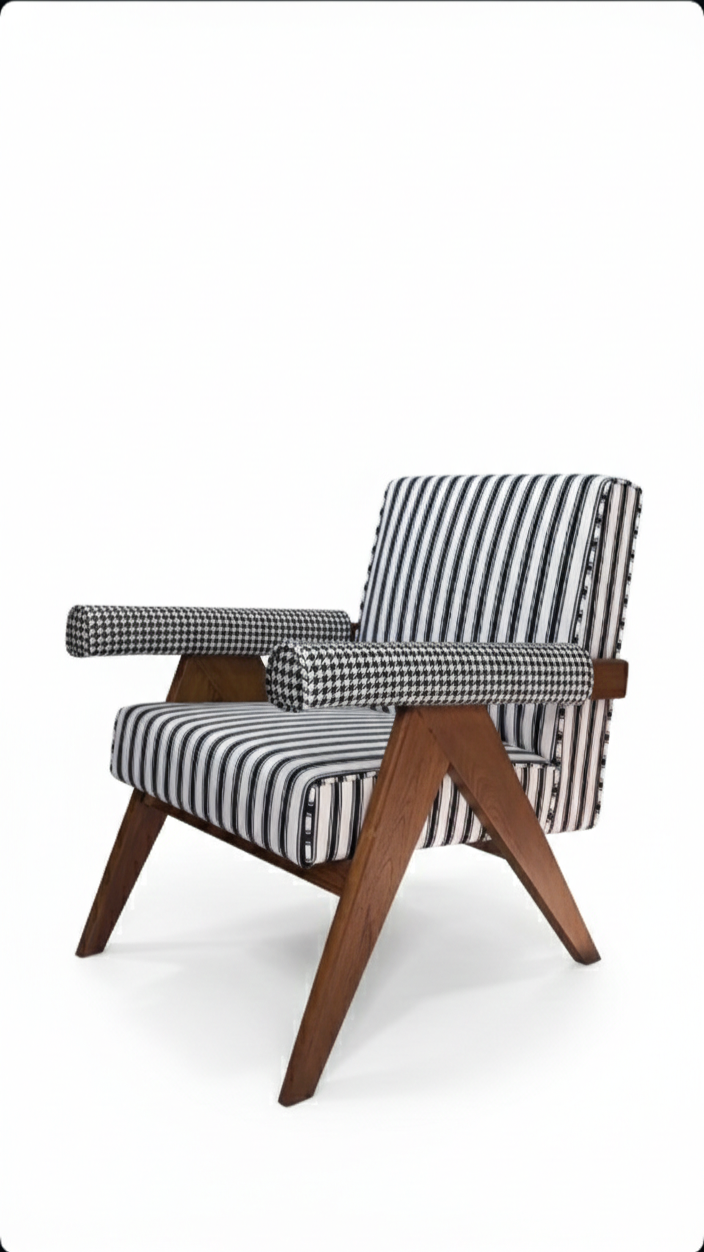 The Manhattan Lounge Chair | Acacia Wood Accent Armchair with Striped Upholstery