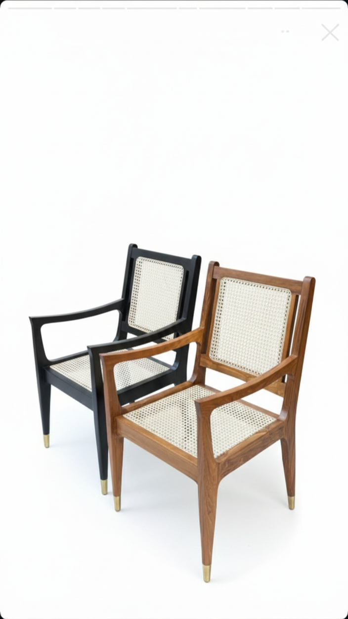 The Riviera Cane Arm Chair | Acacia Wood Dining Chair with Handwoven Cane & Brass Leg Caps