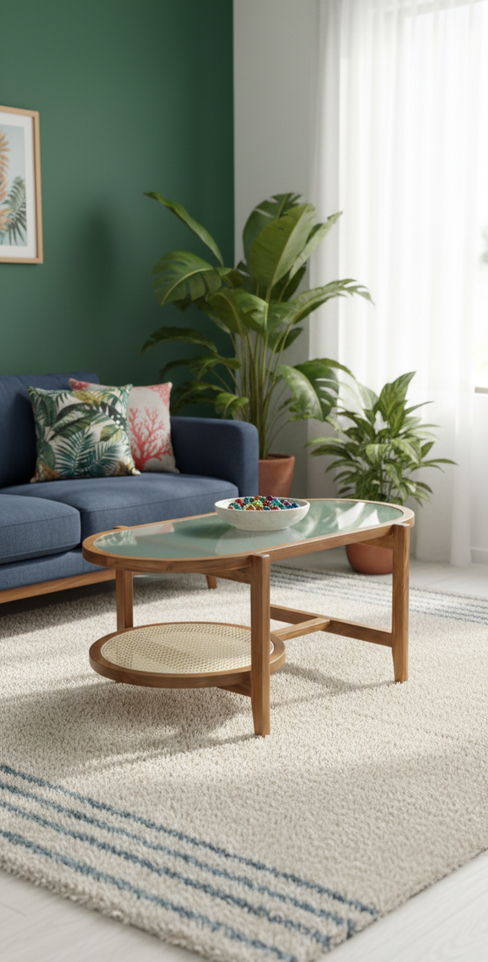 The Riviera Oval Console Table | Acacia Wood Entryway Table with Glass Top & Cane Shelf