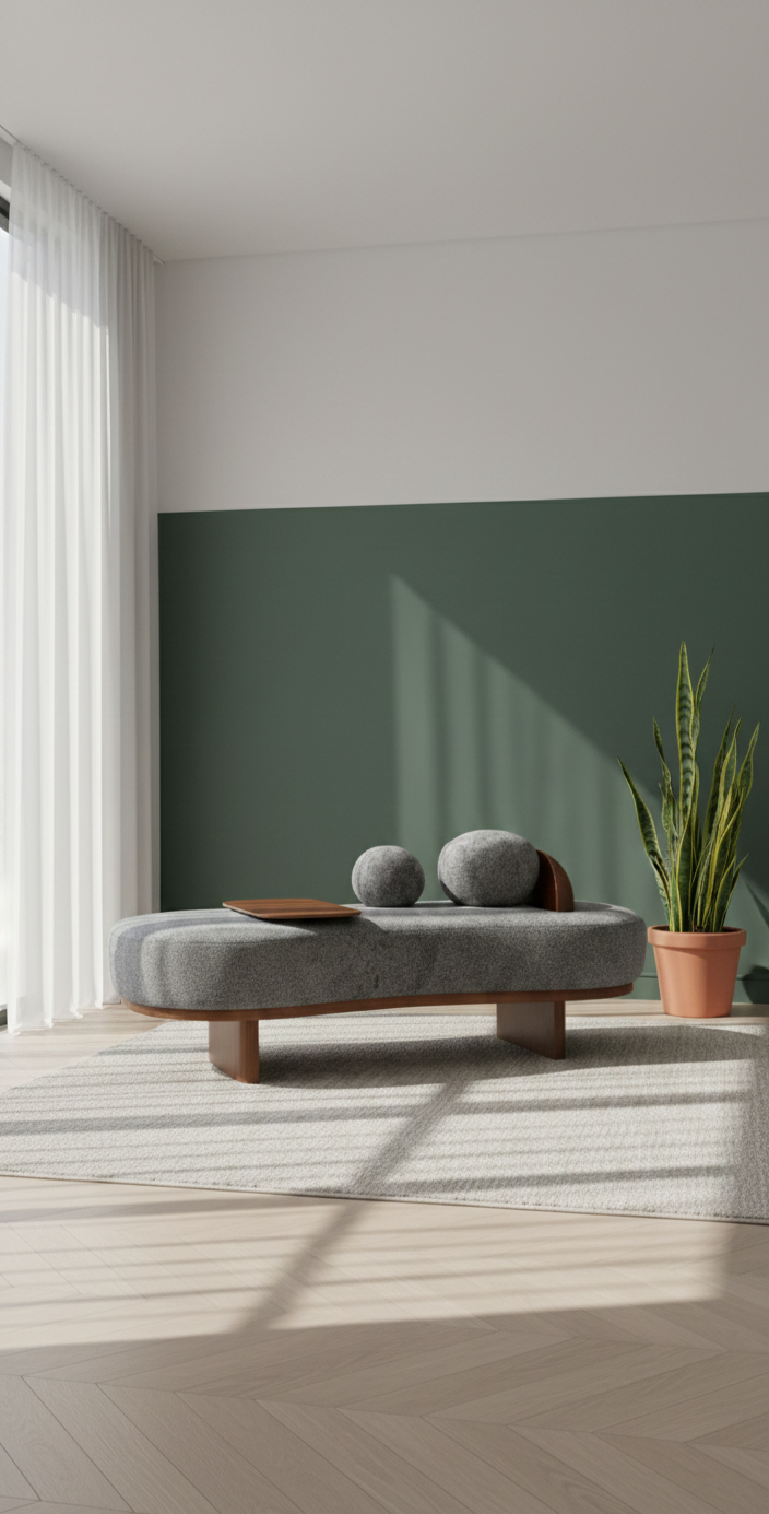 The Aura Sculpt Lounge Bench | Acacia Wood Curved Upholstered Designer Bench