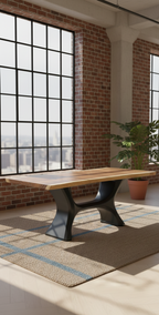 The Noir Edge Dining Table | Live Edge Acacia Wood 6-Seater with Sculptural Black Base