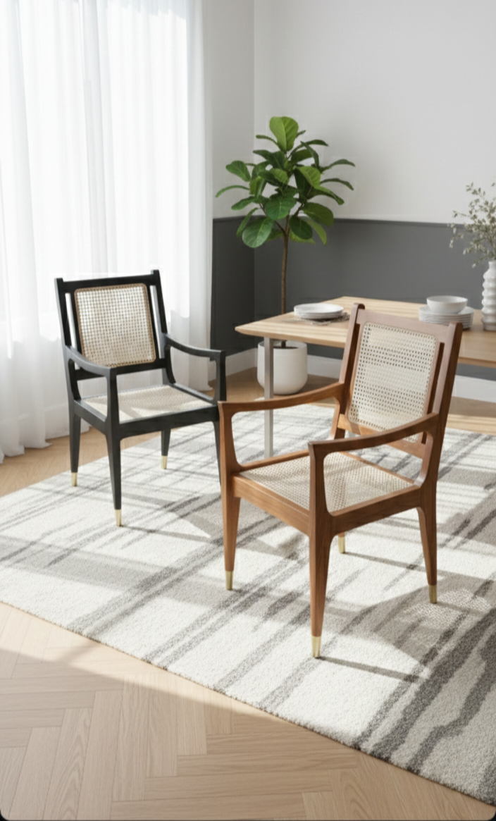 The Riviera Cane Arm Chair | Acacia Wood Dining Chair with Handwoven Cane & Brass Leg Caps