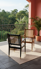 The Riviera Cane Arm Chair | Acacia Wood Dining Chair with Handwoven Cane & Brass Leg Caps