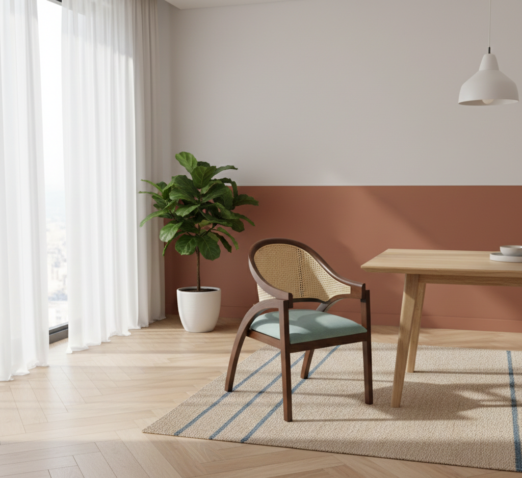 The Aria Cane Armchair | Acacia Wood Dining Chair with Handwoven Cane Back & Upholstered Seat