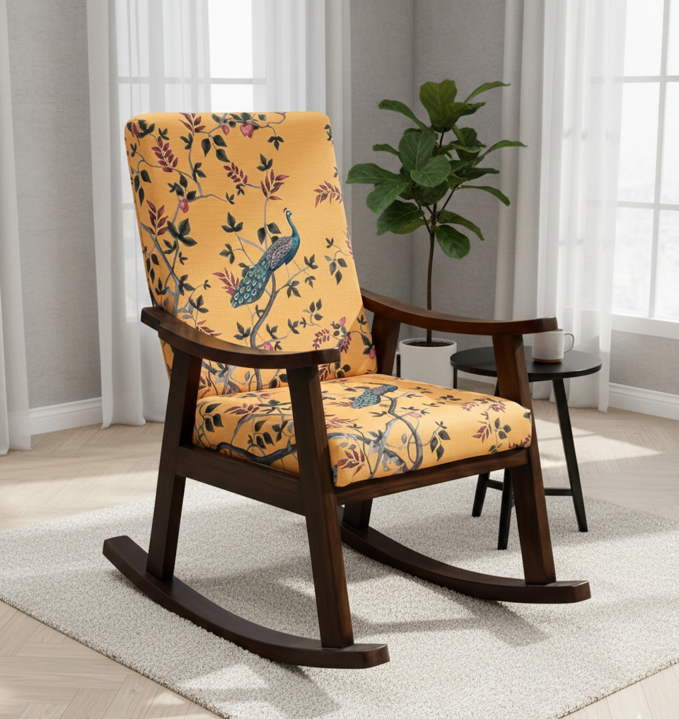 Rajwada Rocking Chair | Upholstered Designer Wooden Rocking Chair with Heritage-Inspired Fabric