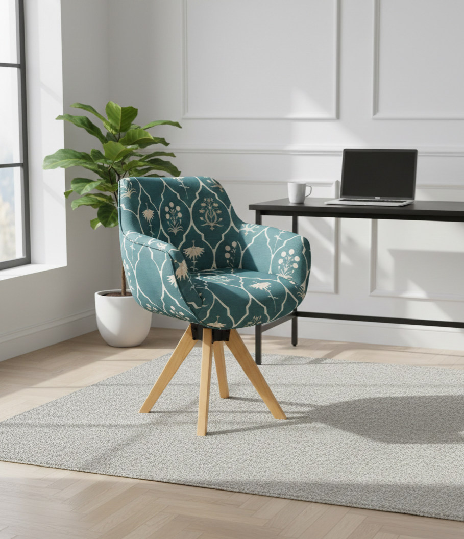 Jharokha Accent Chair | Upholstered Printed Lounge Chair with Wooden Legs
