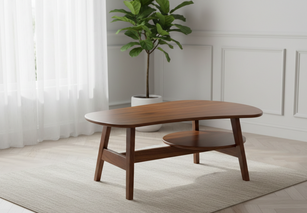 Akaar Coffee Table | Solid Wood Modern Centre Table with Curved Top & Lower Shelf
