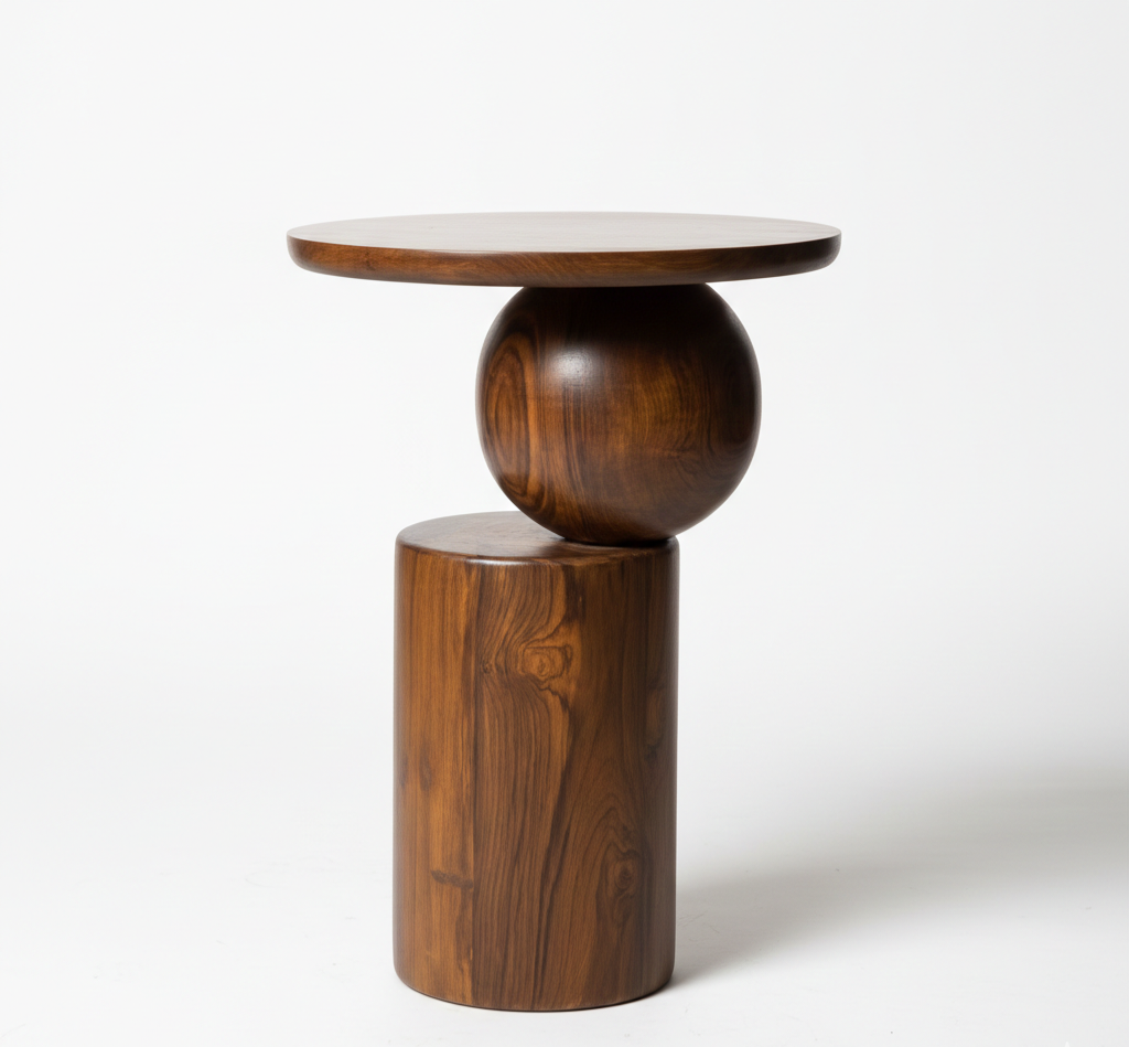 The Orbital Accent Table | Sculptural Acacia Wood Side Table with Sphere Pedestal Base