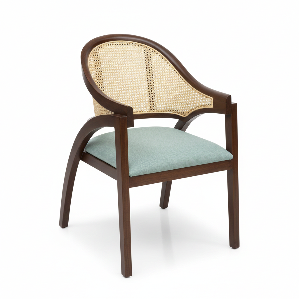 The Aria Cane Armchair | Acacia Wood Dining Chair with Handwoven Cane Back & Upholstered Seat