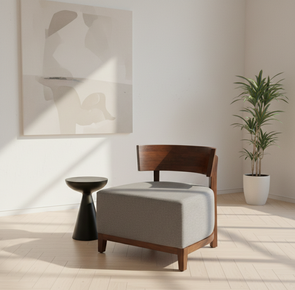 Saaj Lounge Chair | Acacia Wood Accent Chair with Curved Wooden Back & Upholstered Seat