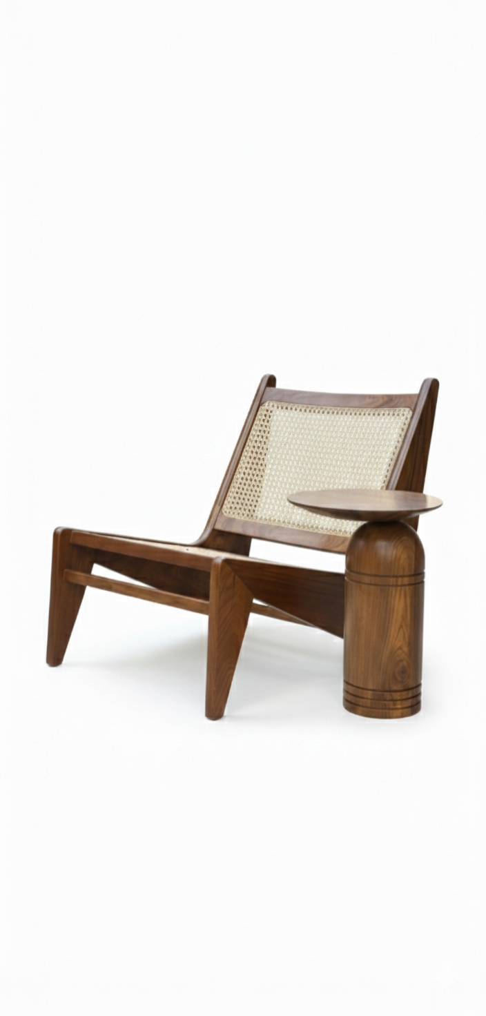 The Kyoto Cane Lounge Chair | Acacia Wood Accent Chair with Cane Back & Built-In Side Table