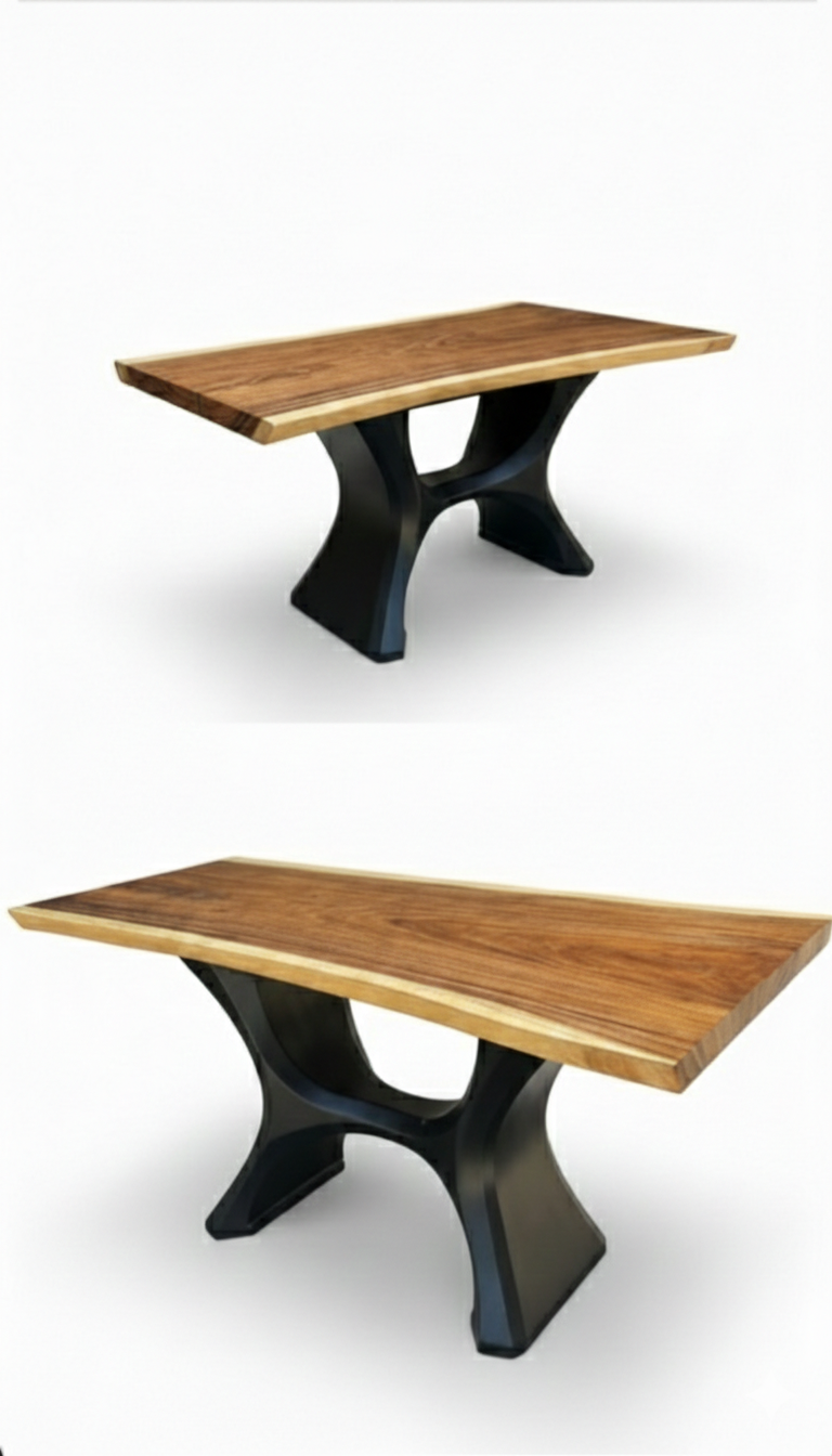 The Noir Edge Dining Table | Live Edge Acacia Wood 6-Seater with Sculptural Black Base