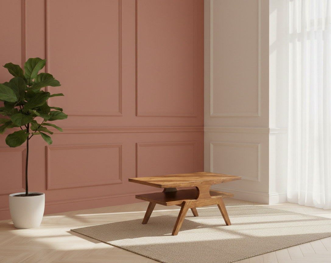 Axton Coffee Table | Solid Wood Centre Table with Lower Shelf & Sculpted Support