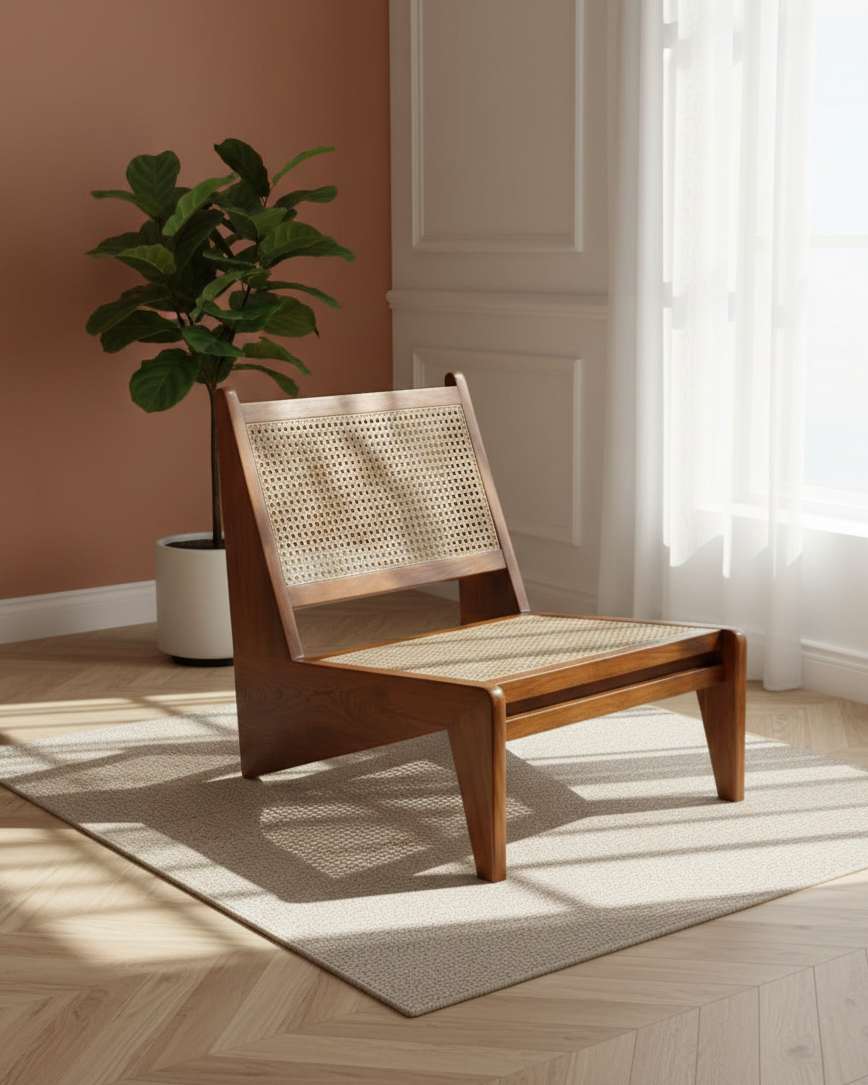 The Kyoto Cane Lounge Chair | Acacia Wood Accent Chair with Cane Back & Built-In Side Table
