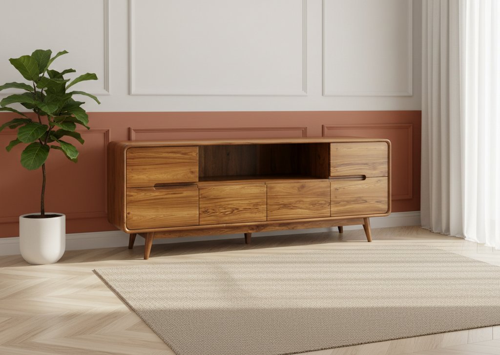 Arvo Media Console | Solid Wood TV Unit with Storage Cabinets & Open Shelf