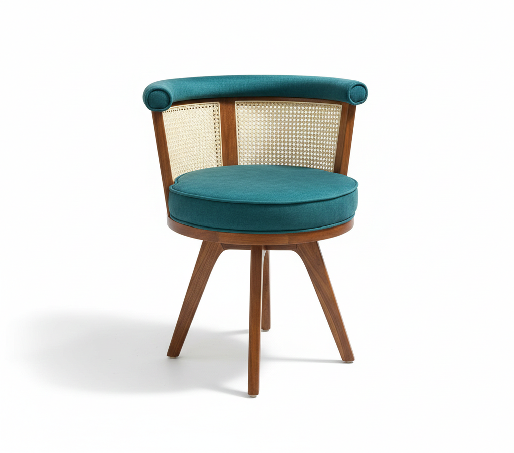 Sama Cane Chair | Upholstered Accent Chair with Handwoven Cane Back & Solid Wood Legs