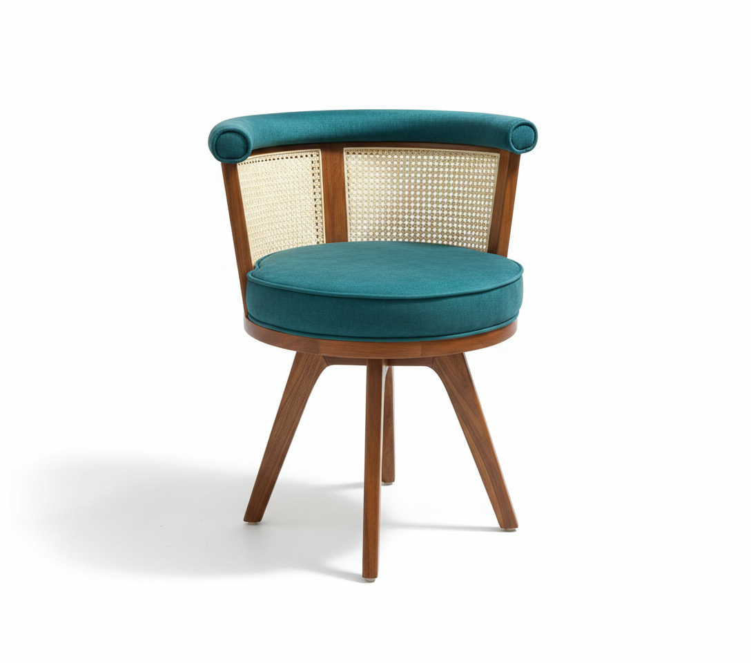 Sama Cane Chair | Upholstered Accent Chair with Handwoven Cane Back & Solid Wood Legs