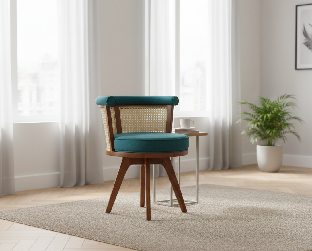 Sama Cane Chair | Upholstered Accent Chair with Handwoven Cane Back & Solid Wood Legs
