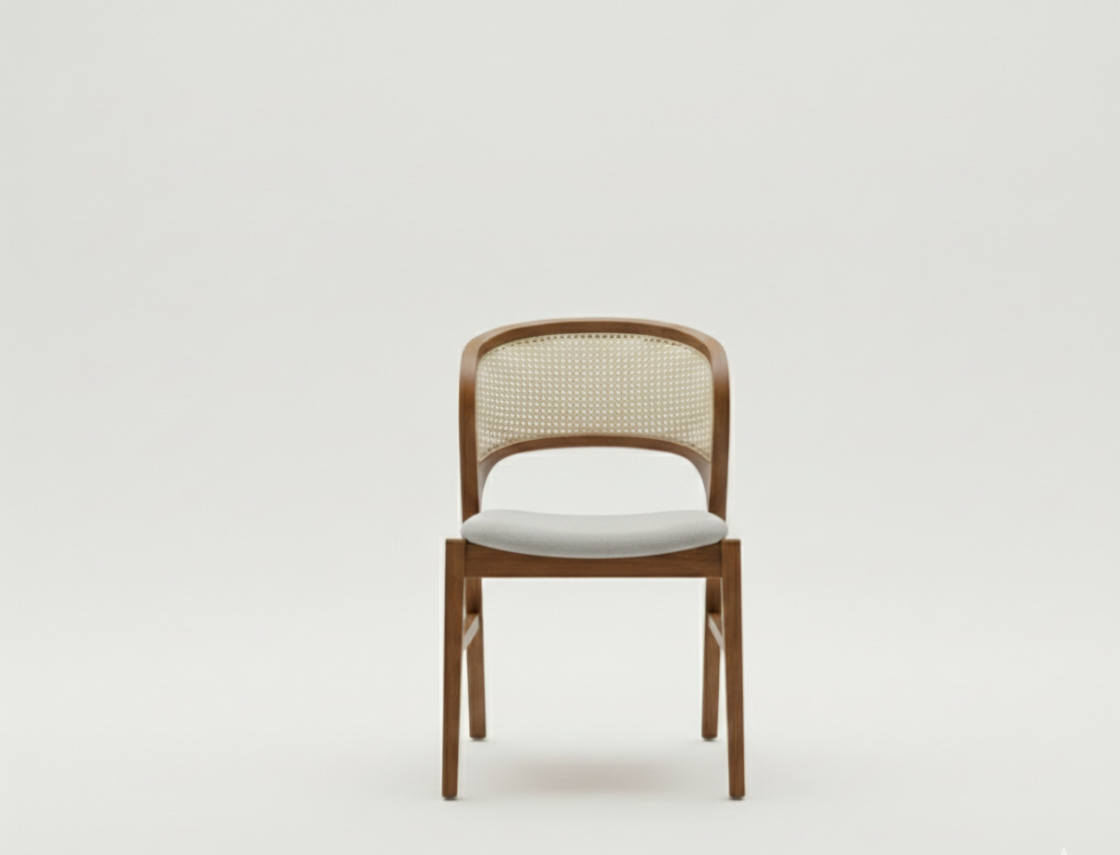 The Maison Curve Chair | Acacia Wood Dining Chair with Handwoven Cane Back & Upholstered Seat