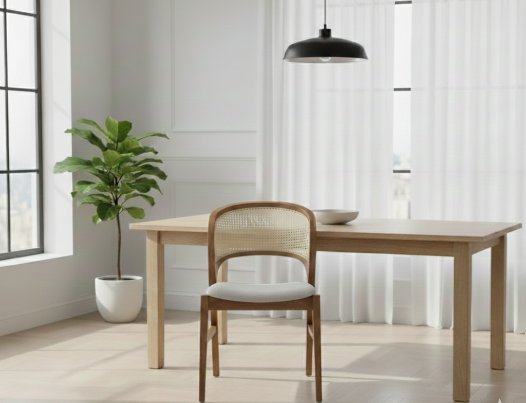 The Maison Curve Chair | Acacia Wood Dining Chair with Handwoven Cane Back & Upholstered Seat