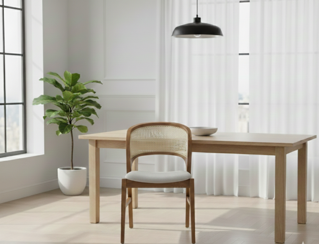 The Maison Curve Chair | Acacia Wood Dining Chair with Handwoven Cane Back & Upholstered Seat